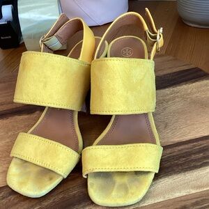 Tory Burch Goldfinch Yellow Shelby Block-Heel Sandals 6.5